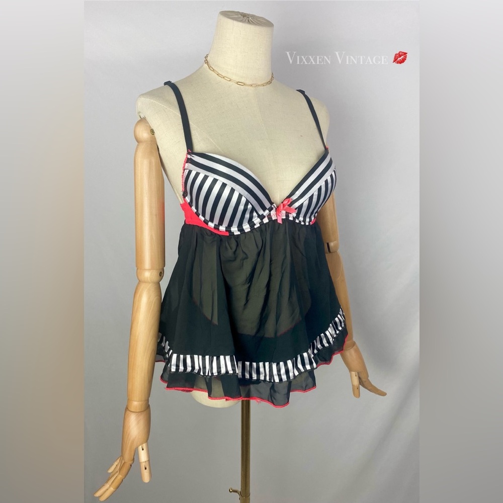 VINTAGE Y2K HOT KISS STRIPED BABYDOLL BUSTIER & FLUTTER SHORT PEIGNOIR SET